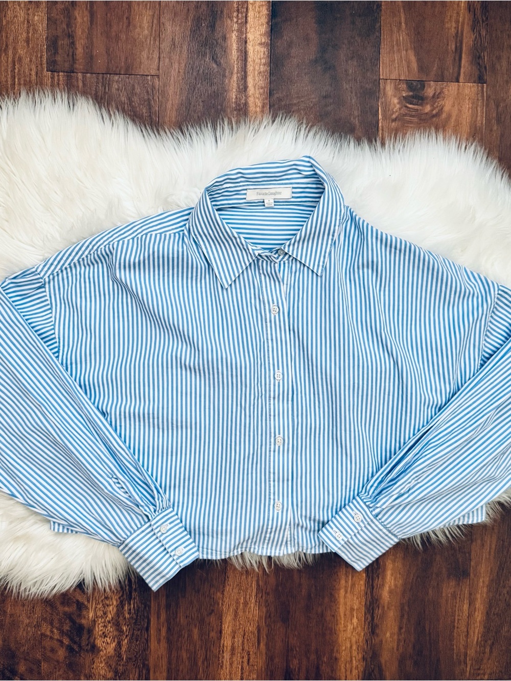 Favorite Daughter The Crop Ex-Boyfriend Button Down Top in Blue Stripe Medium - Picture 3 of 6